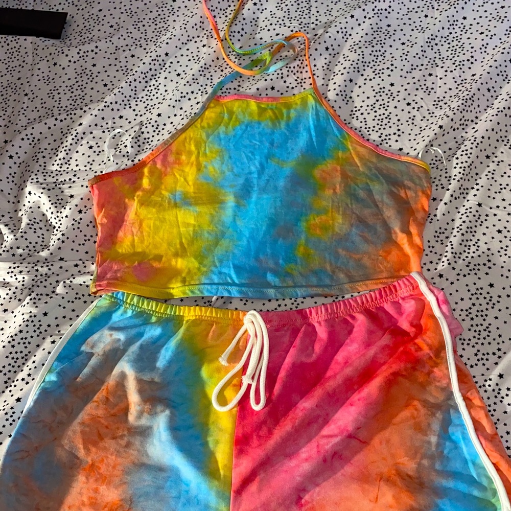 Tie dye crop halter top with shorts set